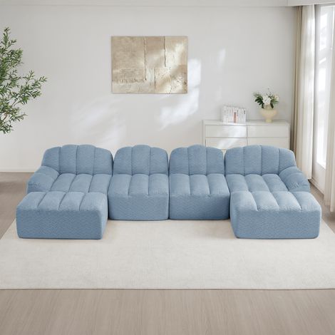 Canapé modulaire U 4 places avec 2 ottomans forme coquille. Mousse 32D siège profond tissu doux pour salon, bleu (1/5)