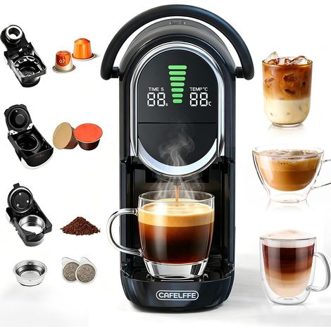Cafetière à capsules 4 en 1, 20 bar, réservoir d'eau de 600 ml, contrôle de la quantité d'eau et de la température à 7 niveaux, compatible avec dosettes NS/DG/ESE et café en poudre, noir (1/5)