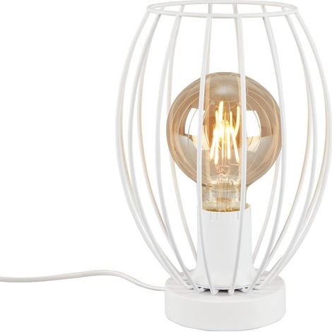 Tischleuchte Tischlampe Kabelschalter Drahtschirm 1xE27 25W weiß Metall Briloner