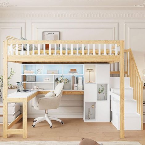 Lit mezzanine 140x200 cm avec bureau, étagères & LED — Blanc + naturel (sommier inclus, sans matelas)