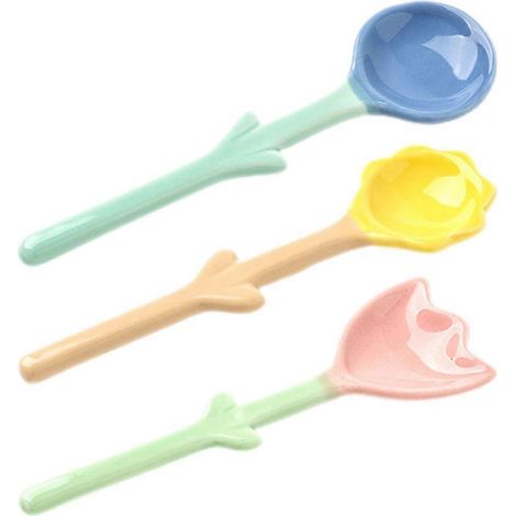 Lot de 3 cuillères en céramique à motif floral mignon, cuillères à soupe décoratives en céramique de style dessin animé (1/4)