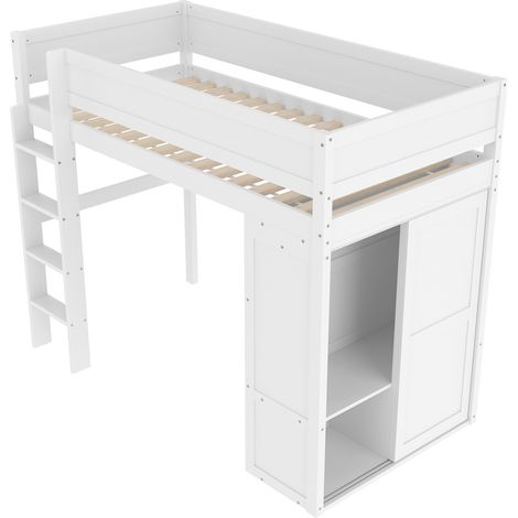Kinder-Hochbett 90x200 cm mit Schrank und Stauraum, weiß, Kiefer und MDF (1/5)