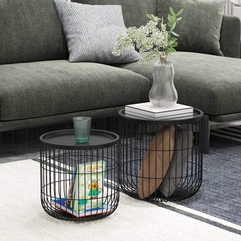 Lot de 2 tables basses scandinave acier noir avec rangement salon moderne (1/5)