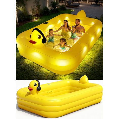 Piscine Gonflable avec Lumières, Caneton Piscine Rectangulaire Gonflable Solaire, Pataugeoire Grande pour Enfants et Adultes,254 x 160 x 56 cm Piscine Familiale Hors Sol pour Jardin,Extérieur