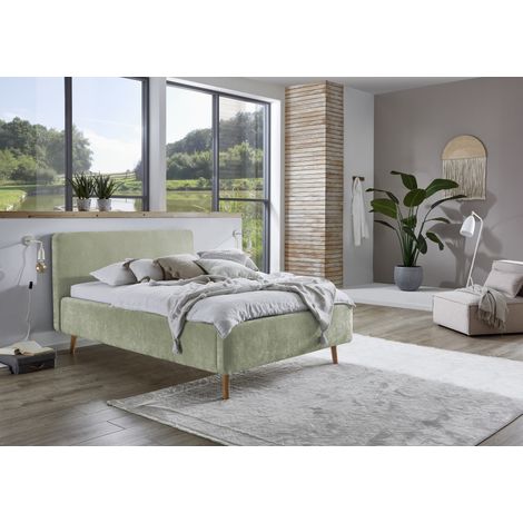 Meise Möbel Polsterbett Mattis 120x200 cm Bettgestell skandinavisches Kopfteil Strukturstoff Hellgrün Holzfuß eichefarbig (1/5)