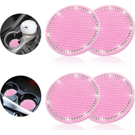Lot de 4 sous-verres de voiture à strass, sous-verres de voiture antidérapants en silicone, accessoires intérieurs de voiture (rose) (1/5)