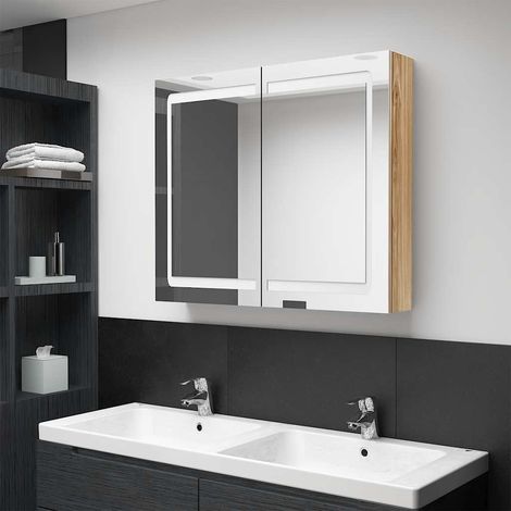 Armoire de salle de bain avec miroir LED en MDF mélaminé, chêne, 80 x 12 x 68 cm - PANGIVO (1/5)