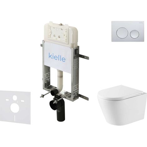 kielle Genesis New - Conjunto  de instalación empotrada, inodoro Nefia, Vortex Rimless+, asiento softclose y pulsador Gemini New I, cromo brillante 30528SZ47