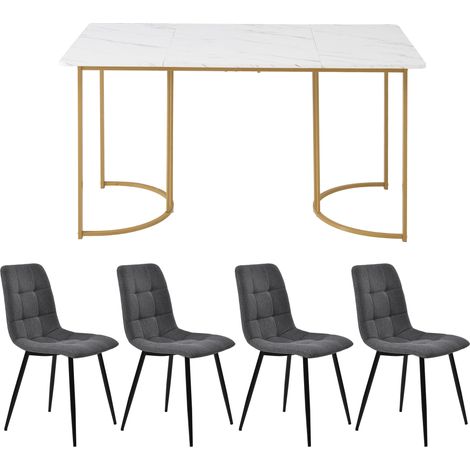 Ensemble de salle à manger 5 pièces, table à manger avec 4 chaises, ensemble de table de cuisine moderne, table de cuisine 140×80 cm avec pieds en métal doré, plateau en MDF blanc, chaises de salle à (1/5)