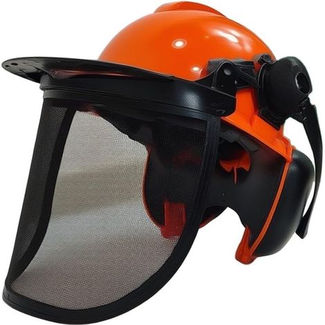 Casque Sécurité pour chaine Orange Visière Acier Intégrée Casque Orange vif, acier inoxydable, résistance chocs, usage tronçonneuse, sécurité pour yeux et oreilles (1/5)