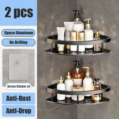 (Triangle noir, lot de 2) Étagère de salle de bain murale sans perçage pour flacons de shampoing, étagère d'angle pour douche et toilettes, accessoires de salle de bain et de cuisine en aluminium (1/5)