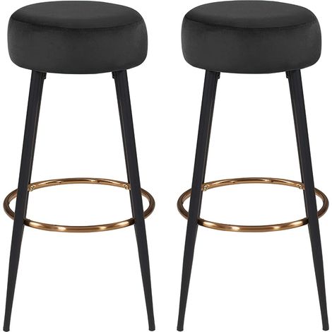 Juego de 2 taburetes de bar en tela de terciopelo negro con estructura de metal y reposapiés TDB09217