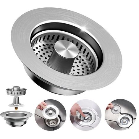 3-in-1-Küchenspülen-Siebverschluss für Küchenspülen und Spülbecken, Edelstahl 304, Lochdurchmesser 75 bis 86 mm, Tiefe 40 mm, herausnehmbares Küchenspülen-Sieb (1/4)