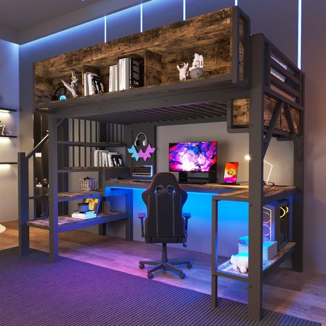 Lit mezzanine 90 x 200 cm avec bureau d’angle, escalier rangement, LED, prises USB Type-C, panneau perforé, métal brun et noir, sans matelas (1/5)
