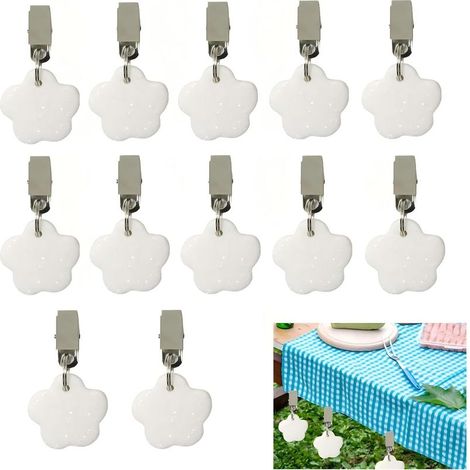 Lot de 12 poids de nappe en pierre naturelle en forme de fleur - Support de nappe - Pour l'extérieur - Avec pince en acier - Pour famille, fête, mariage, jardin, pique-nique (1/5)