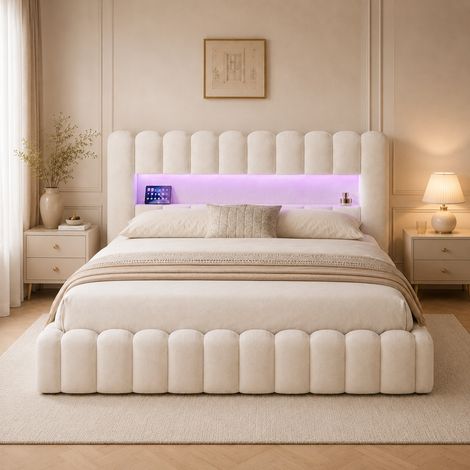 Lit coffre 180x200 cm beige avec sommier, Lit double rembourrée en lin avec rangement hydraulique, LED et USB