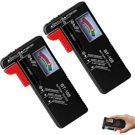 Lot de 2 testeurs de piles BT-168 universels pour piles bouton AA AAA C D 9 V 1,5 V - Testeur de batterie analogique compact pour piles standard et rechargeables - État simple de la batterie (1/5)