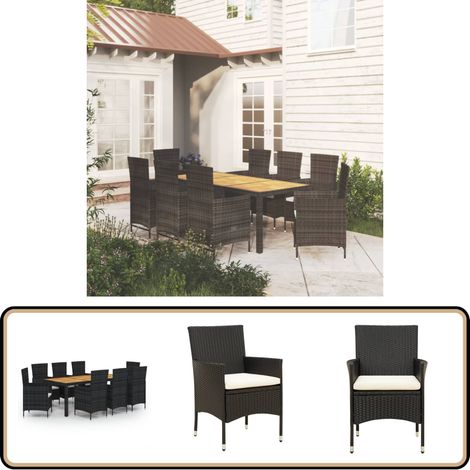 9-tlg. Garten-Essgruppe mit Kissen Poly Rattan Schwarz - Gartengarnituren - Gartenmöbel Set - Outdoor Esstisch - Essplatz Im Freien - Rattan Gartenmöbel