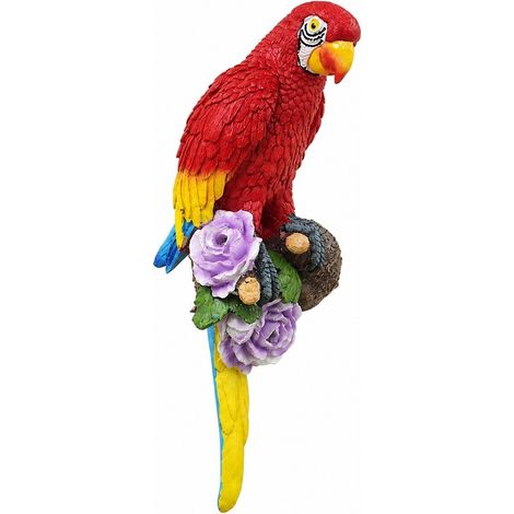 Décoration murale perroquet ara 3D, ornement en résine rouge, à suspendre dans un arbre ou un jardin. Perroquet ara rouge à gauche. (1/5)