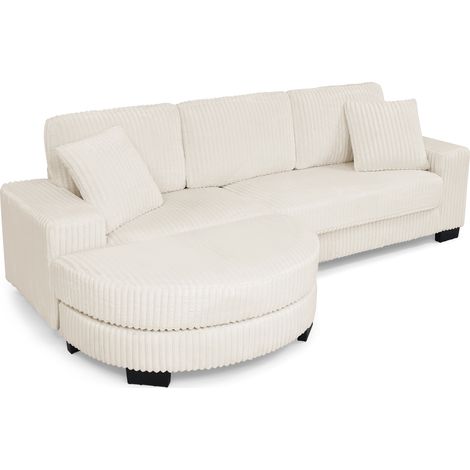 Sofá de Esquina 4 Plazas, Diseño Modular con Otomana Ovalada Reversible y 2 Cojines, Pana, Beige (1/5)