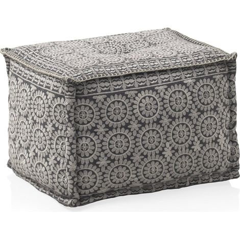 Pouf rectangulaire multicolore tissu doux brodé géométrique - Gris brodé motifs blancs (1/4)