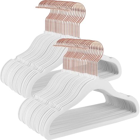 Set mit 50 Kleiderbügeln mit roségoldenen Haken, rutschfest und platzsparend, perfekt für Kinderkleidung, Babykleidung, Röcke und Hosen, aus weißem Samt. (1/5)