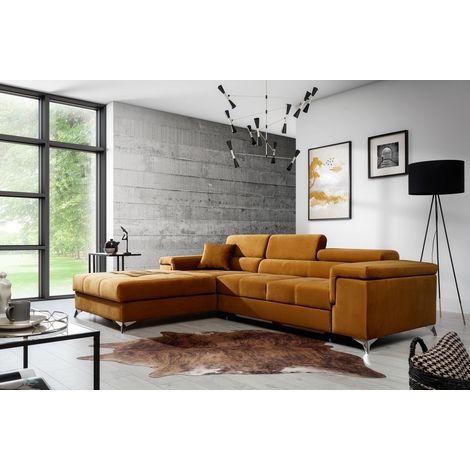 - Canapé d'angle convertible en tissu luxe 5 places, RICHARD, couleur moutarde, angle gauche (1/5)