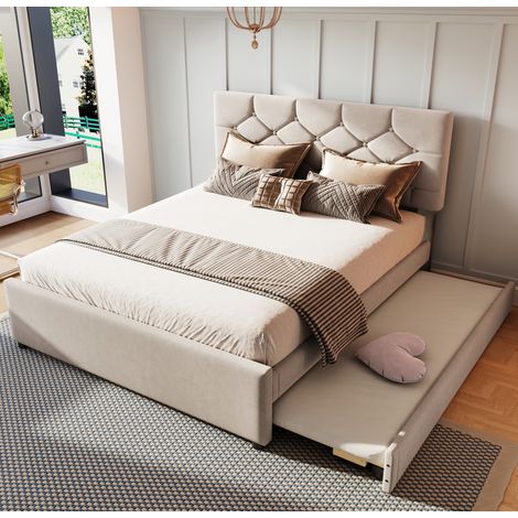 lit adulte double gigogne 140x200 velours beige OKMYHOME (1/5)