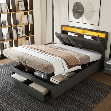 Lit coffre 140x190 cm avec LED, cadre de lit 2 personne avec sommier à lattes, avec tiroirs et compartiments de rangement, avec cadre en acier, lin, gris (1/5)