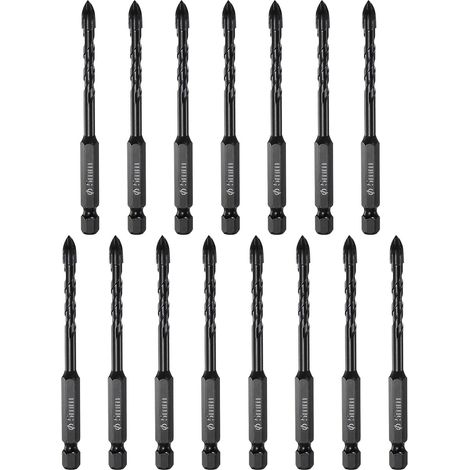15pcs Foret Maçonnerie, Foret Béton 5mm 1/4" Tige Hexagonale Foret Céramique Pointe Carbure pour Briques, Verre, Plastique, Carrelage, Miroir Mur, Noir (1/5)