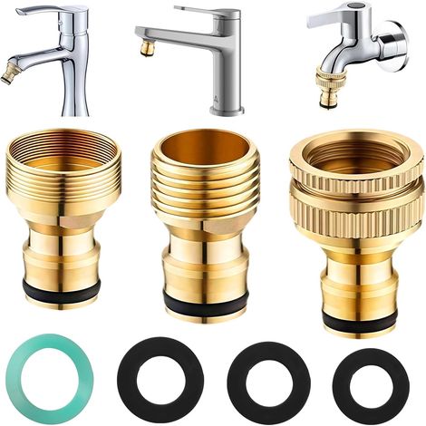 Adaptateur Robinet Tuyau Arrosage Laiton 3 Pièces 1/2" 3/4" Raccord Tuyau d'Arrosage en Laiton avec Embout Robinet Cuisine et Jardin, Connecteur Rapide pour Système d'Irrigation (1/5)
