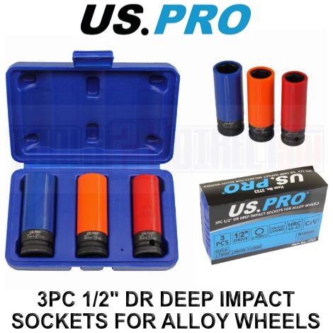 US PRO Tools 3pc 1/2" Dr Deep Impact Sockets For Alloy Wheels 17,19,21mm 3723 (1/4)
