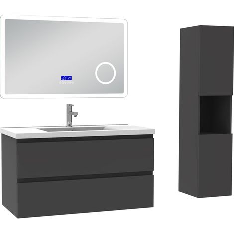 Acezanble ensemble meuble 100 cm anthracite avec 2 tiroirs à fermeture automatique, lavabo céramique + miroir salle de bain Bluetooth tricolore + colonne haute, suspendu (1/5)