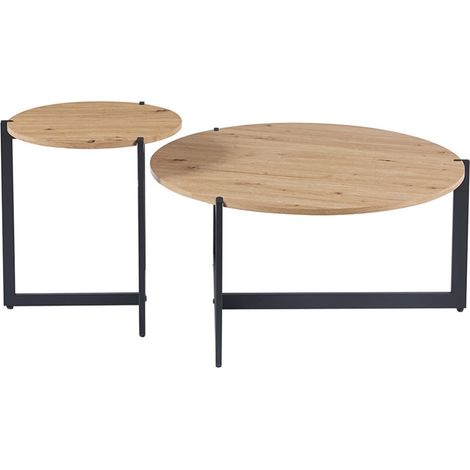 Set von zwei runden Couchtischen im Industriestil, Kollektion BIANCA - Farbe helles Eichenholz und Schwarz.