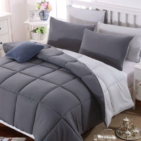 Couette Bicolore 4 Saisons Légère 450g/m² 220x240cm - Réversible Hypoallergénique pour 2 Personnes, Gris Foncé + Gris Clair, Edredon (1/5)