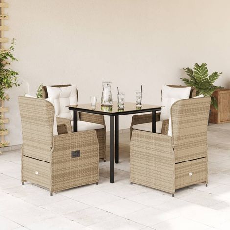 Salon de jardin 5 pièces avec 4 fauteuils inclinables, polyrotin beige, table noire en verre, 59.74kg - PANGIVO (1/5)