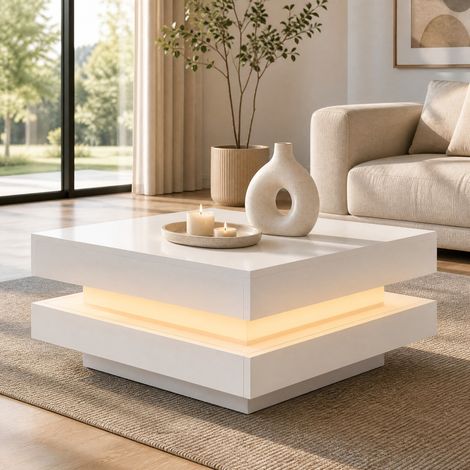 Table basse carrée 70 x 70 x 36 cm avec plateau pivotant 360° et éclairage LED, blanc HAVRYA (1/5)
