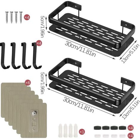 étagère de douche noire sans perage (2 pièces), étagère de salle de bain en aluminium avec 4 crochets et 6 pastilles adhésives, rangement de salle de bain sans perage, étagère de douche pour cuisine (1/4)
