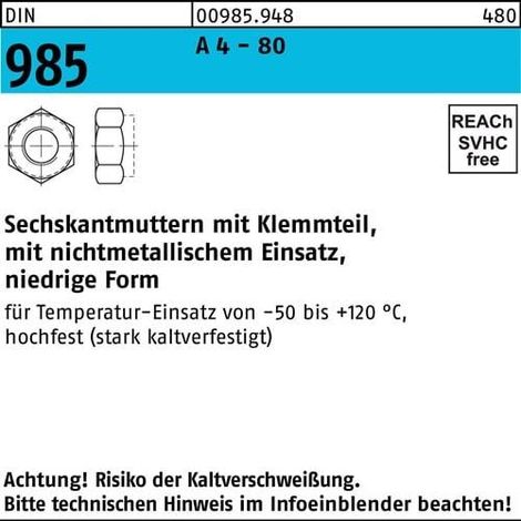 Écrou hexagonal DIN 985 Pièce de serrage M12 A 4 - 80 250 pièces