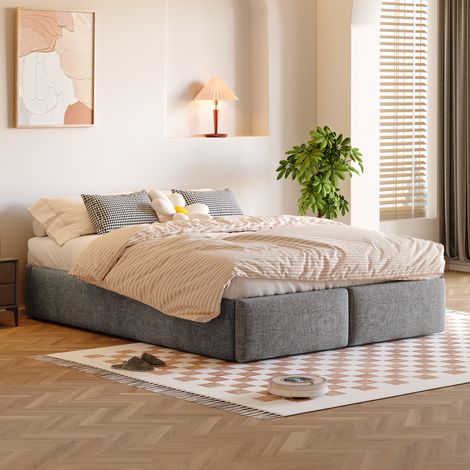 Cama almacenaje 140x200 cm con 2 cajones función de almacenaje hidráulica tapizada material de lino gris sin cabecero(Sin Colchón)