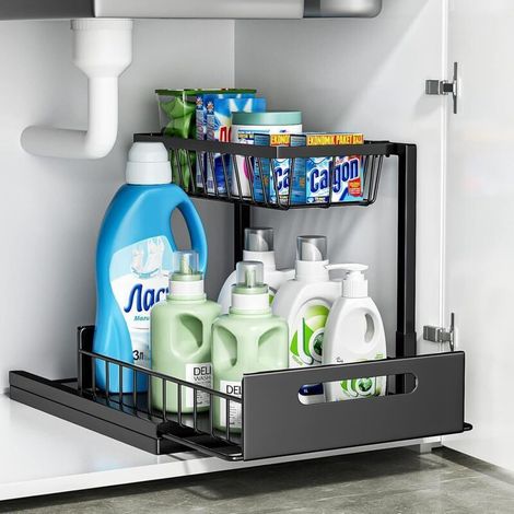 Organisateur sous évier en métal – Tiroir coulissant 2 étages – Capacité 25 kg – Installation sans outil – Rangement cuisine flexible