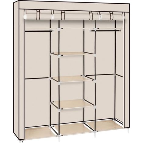 Placard à vêtements portable en tissu non tissé pour armoire à double tringle, beige, 150x45x175cm