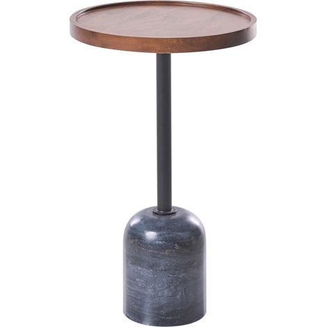 Mesa auxiliar moderna con tablero redondo de madera de mango y base redonda de metal y mármol para salón marrón/negro Rainy
