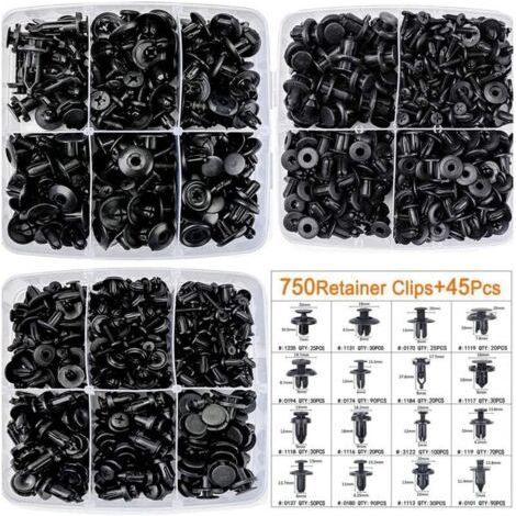 NALOOKAMIC 795 Pcs Rivet Clips Plastique Fixation de Protection Noir Universel pour Auto Voitures Panneaux de Portes avec Boîte De Rangement et Outil de Démontage