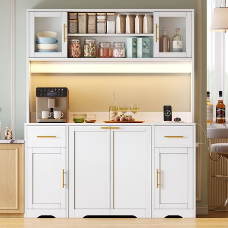 Buffet de cuisine 140x40x173 cm, meuble avec plan de travail et meuble poubelle, LED RGB, prises USB, 2 tiroirs et portes vitrées, MDF Blanc (1/5)