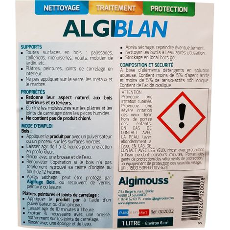 ALGIBLAN - 1 LITRE - Nettoyant bois noircis et moisissures ALGIMOUSS - 002002