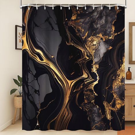 Rideau de douche en marbre abstrait noir doré pour salle de bain, rideau de douche moderne en marbre étincelant, lavable en machine, tissu imperméable, 120 x 180 cm (1/5)