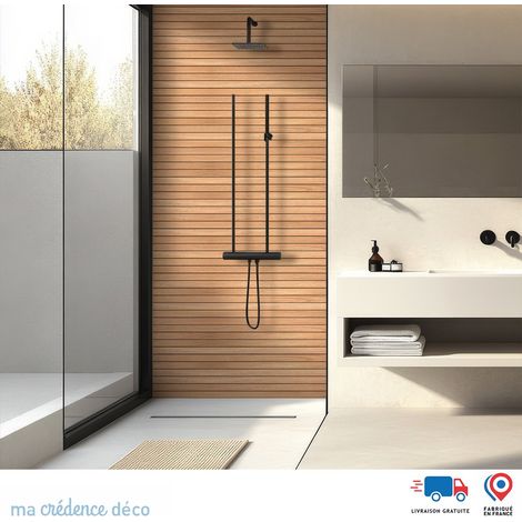 Panneau de douche : Tasseaux bois chêne 3 horizontales - Couleur Beige ivoire - Alu composite - 90 - 245 (1/3)