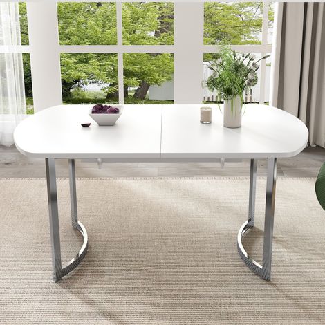 Mesa de comedor extensible 140x80x cm blanca en MDF con patas metálicas y diseño clásico (1/5)