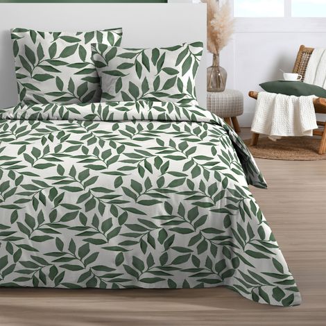 Parure de lit 3 pièces  microfibre feuillage housse + taies Vert 240x220 cm